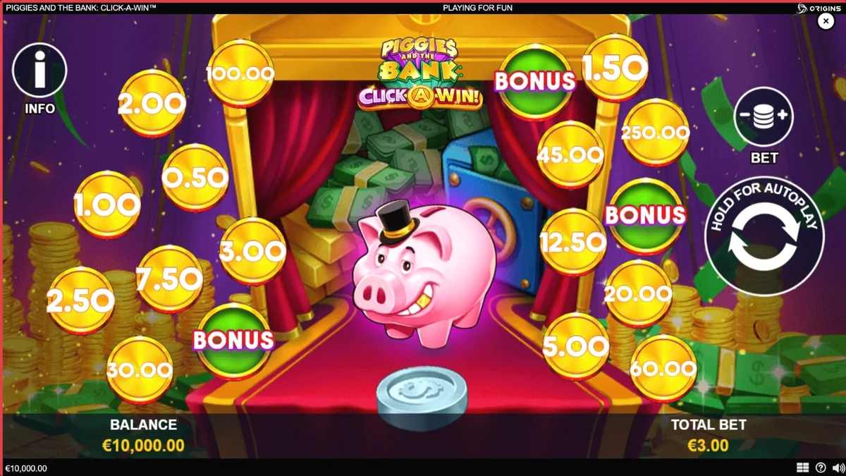 Piggies and the Bank: Click-A-Win slot interface dengan tema babi kaya raya