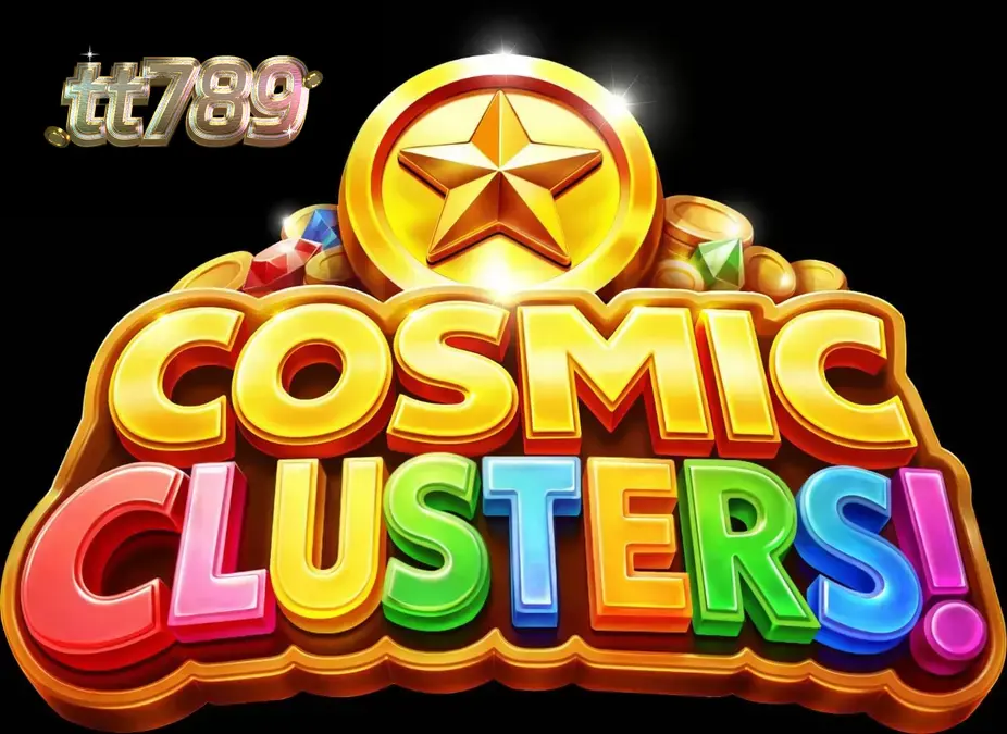 Tampilan visual slot Cosmic Clusters dengan tema neon galaksi dan simbol alien.